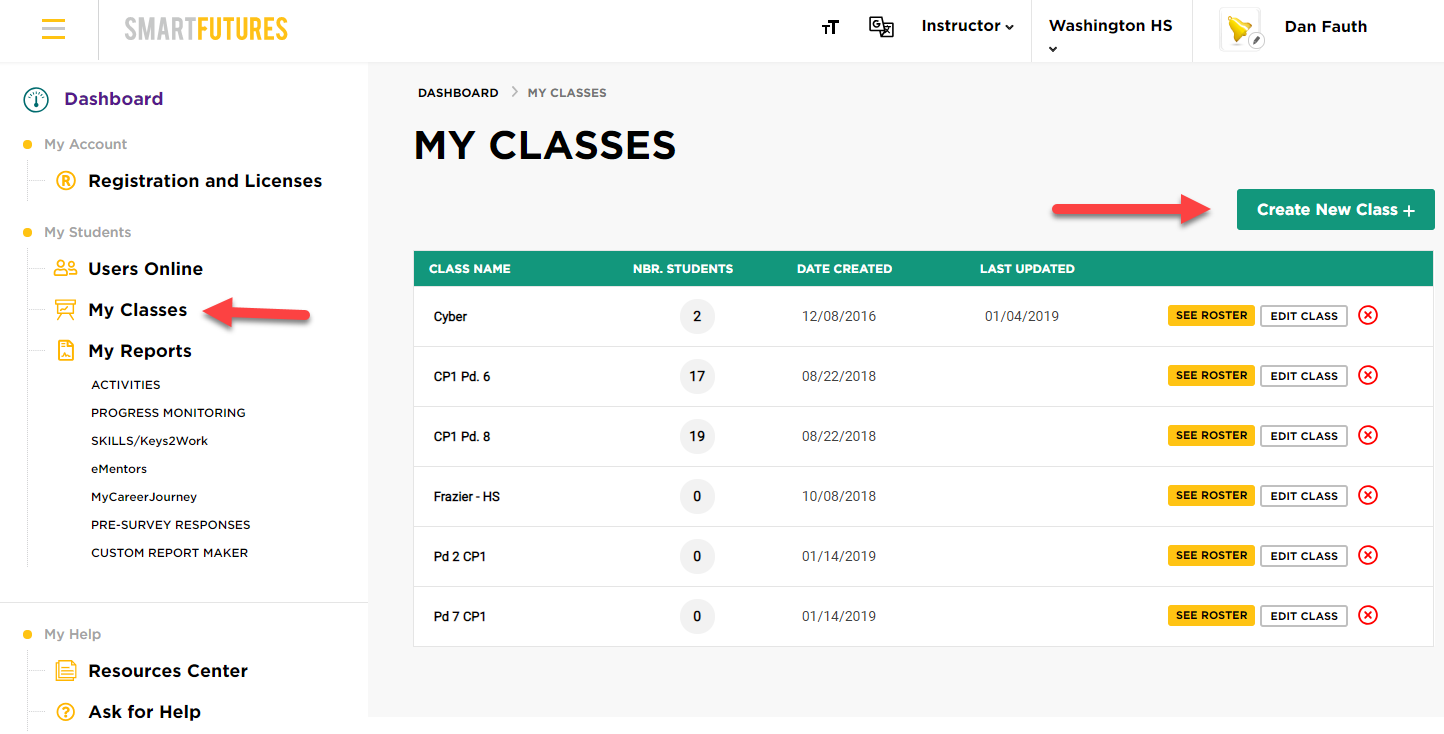screenshot of SmartFutures Instructor dashboard showing Classes options
